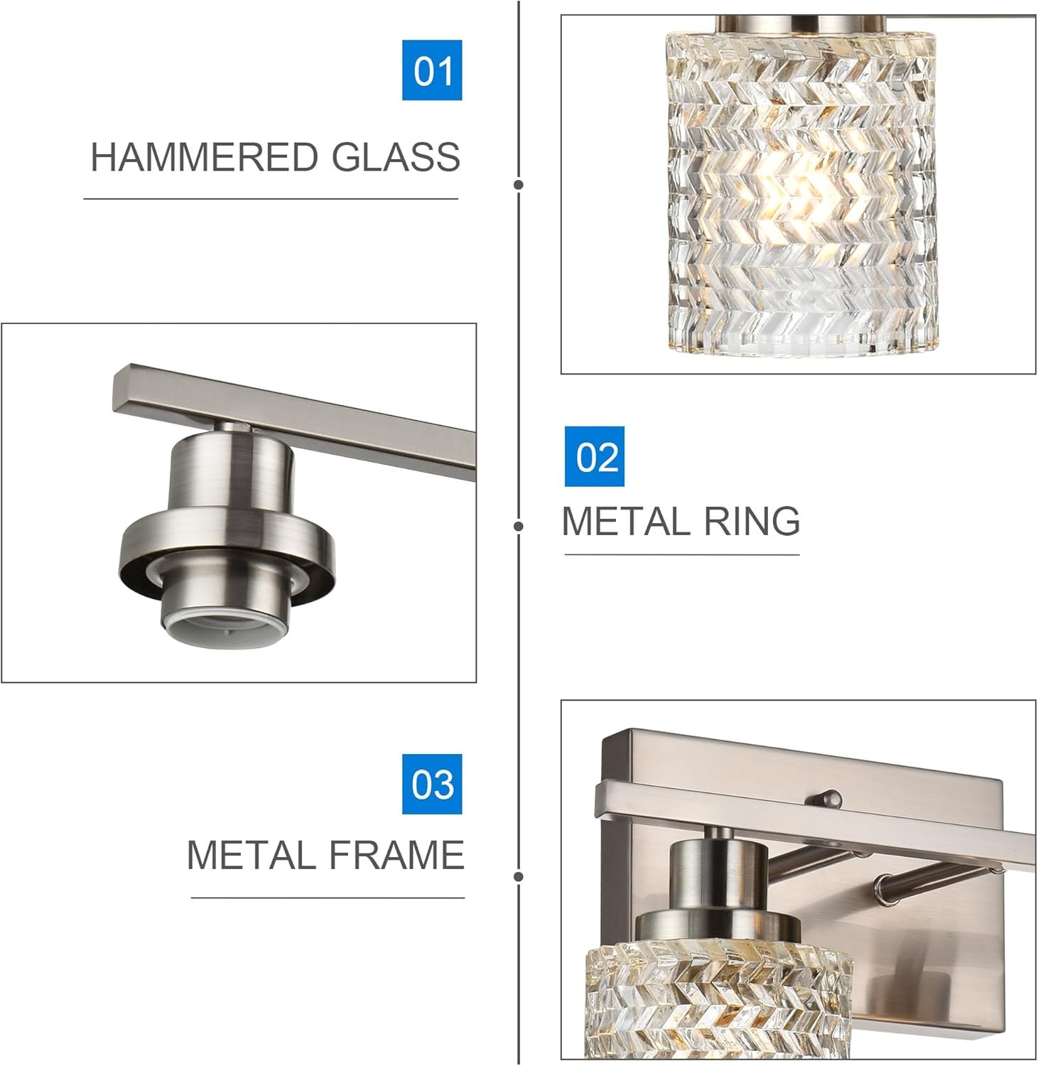 MELUCEE 4 Lights Brushed Nickel Vanity Light Modern Bathroom Light Fixtures with Hammered Glass Shade, Indoor Metal Wall Lights for Powder Room Hallway Kitchen, E26 Base - Image 3
