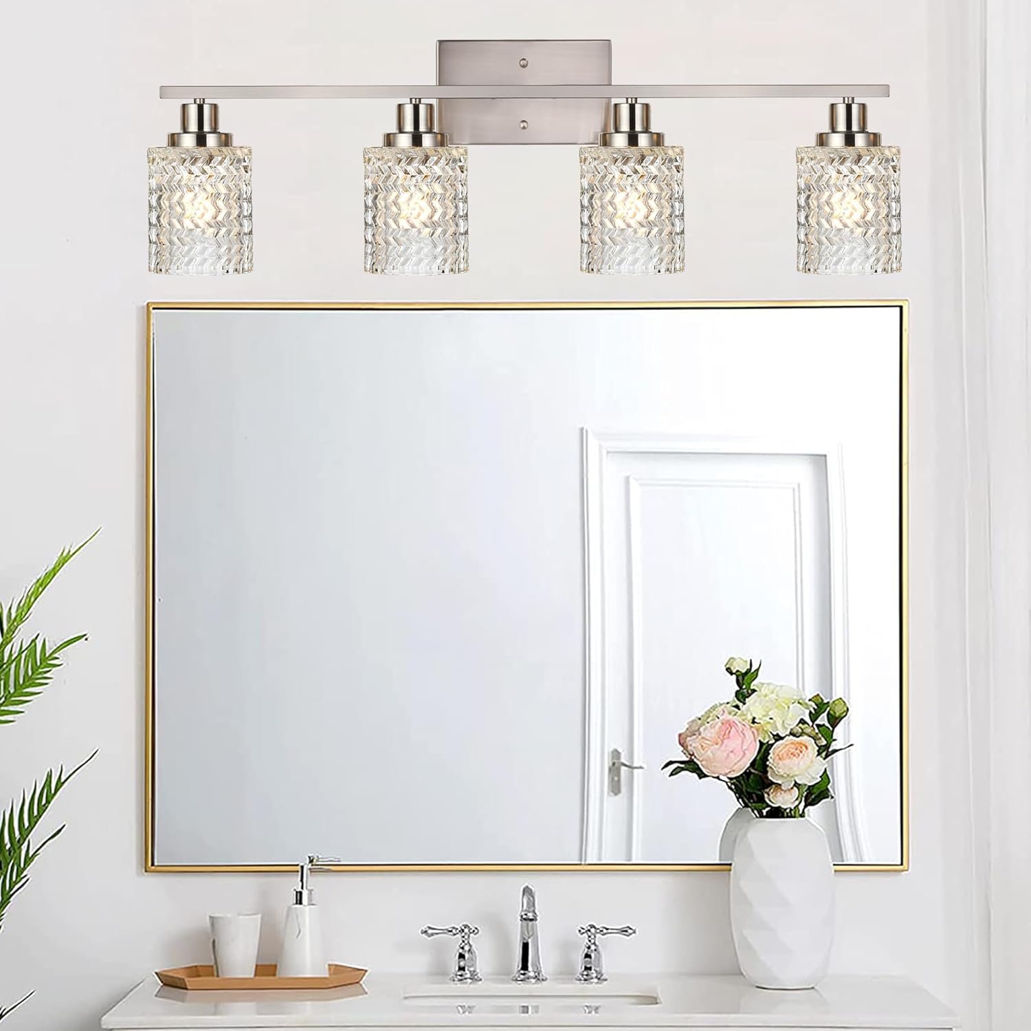 MELUCEE 4 Lights Brushed Nickel Vanity Light Modern Bathroom Light Fixtures with Hammered Glass Shade, Indoor Metal Wall Lights for Powder Room Hallway Kitchen, E26 Base