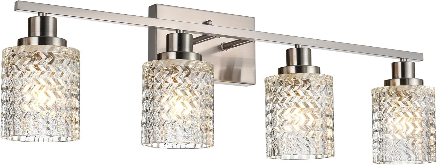 MELUCEE 4 Lights Brushed Nickel Vanity Light Modern Bathroom Light Fixtures with Hammered Glass Shade, Indoor Metal Wall Lights for Powder Room Hallway Kitchen, E26 Base - Image 7