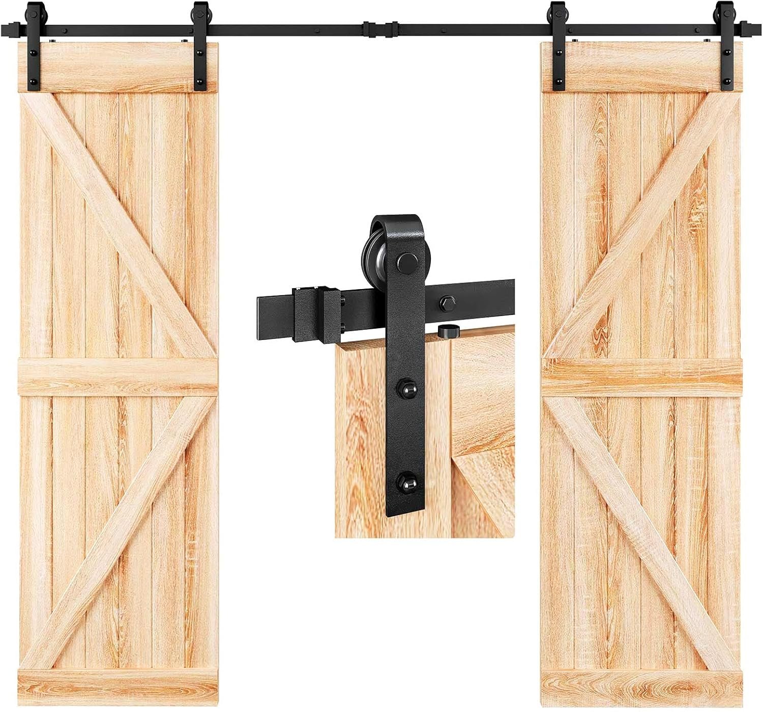 EaseLife 8 FT Double Door Sliding Barn Door Hardware Track Kit,Basic J Pulley,Heavy Duty,Slide Smoothly Quietly,Easy Install (8FT Track Kit for Double 24" Wide Door)