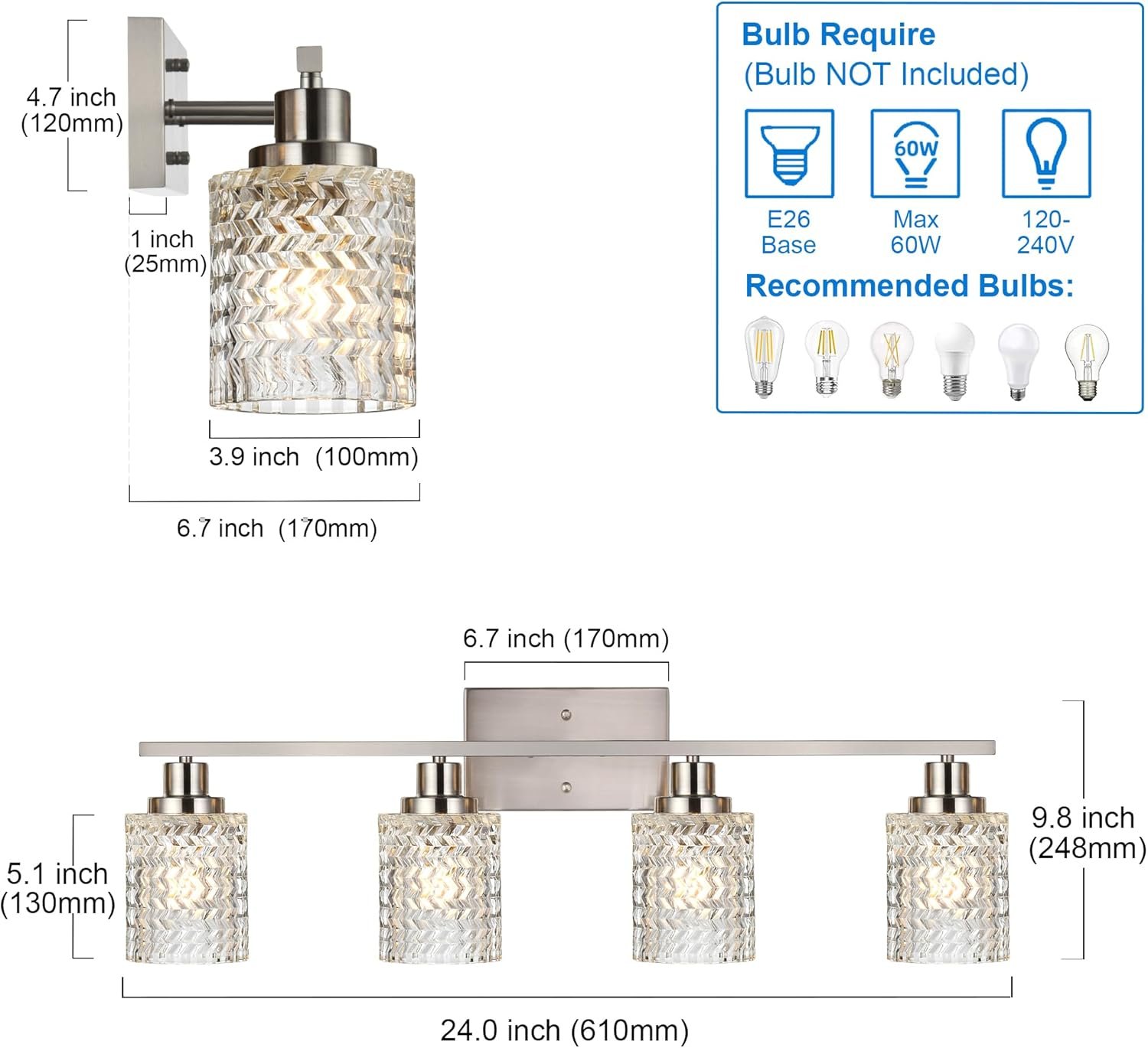 MELUCEE 4 Lights Brushed Nickel Vanity Light Modern Bathroom Light Fixtures with Hammered Glass Shade, Indoor Metal Wall Lights for Powder Room Hallway Kitchen, E26 Base - Image 4