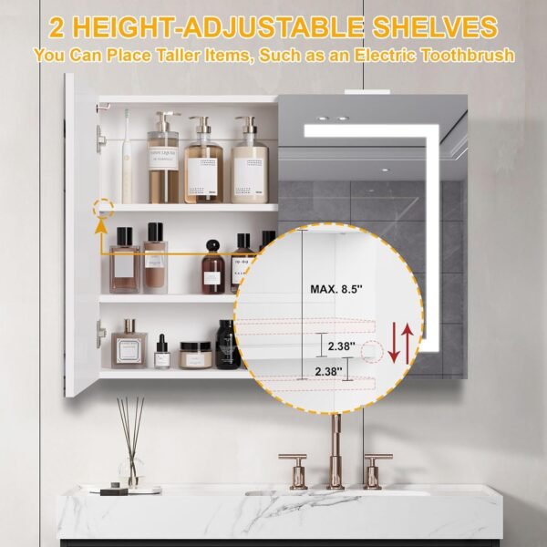 Snughome Bathroom Medicine Cabinet with Mirror & LED Lights, Wall Mount Bathroom Mirror with Storage, Built-in Power Outlets, Dimmable 3 Color Temp, Anti Rust Easy to Install, 31.5" x 23.6"
