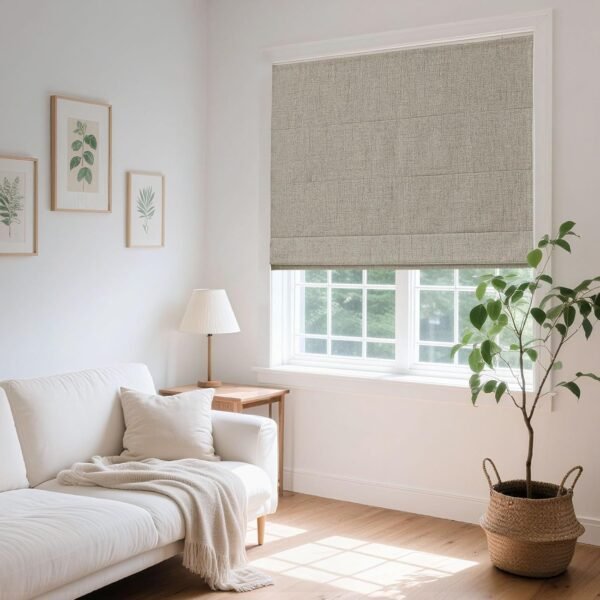 Joydeco Cordless Roman Shades, Linen Fabric Window Blinds, Thermal Insulated Blackout Blinds, Room Darkening Shades for Indoor Windows, Easy to Install, 32 W×75 H, Linen