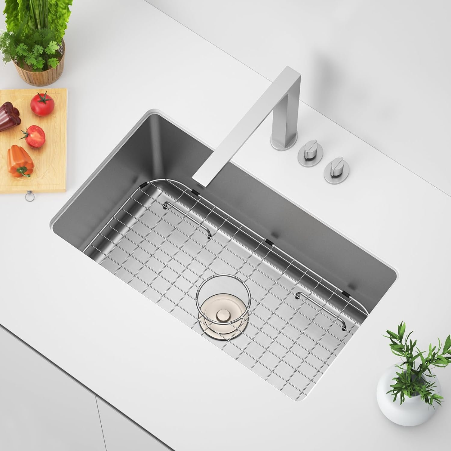Sink Protector Grid 26-1/16" x 14-1/16", Centered Drain with Corner Radius 3-1/2", 304 Stainless Steel Material (Centered Drain) for Single Bowl Kitchen Sink