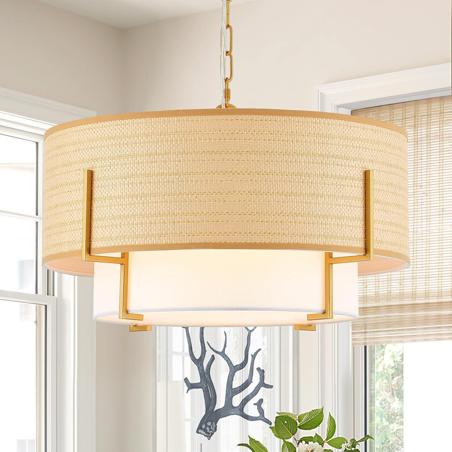 VILUXY Boho Rattan Chandelier 19.8’’ Farmhouse Drum Chandelier with Fabric Shade, 4-Light Rattan Light Fixture Rustic Pendant Light for Dining Room Kitchen Island Bedroom Entryway, UL Listed - Image 2
