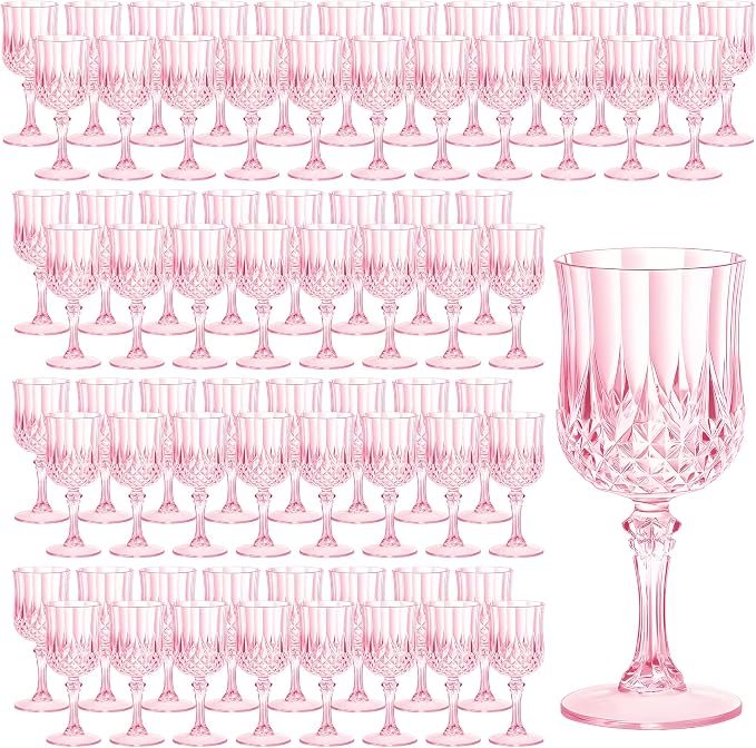 HTTBEIZI 7OZ Plastic Wine Glasses, Reusable Vintage Goblets Unbreakable Drinking Glasses Crystal Water Cups Champagne for Wedding, Parties, Mother's Day (100, Pink)