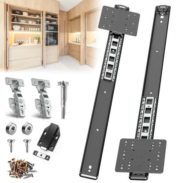 JAXYOOM 24in Pocket Door Hardware Slide 1 Set,Hidden Sliding Pocket & Pivot Door Rail with Hinge for Cabinet,Heavy Duty Furniture,Silent Retractable Hardware Kit for Kitchen & Recessed Wardrobe