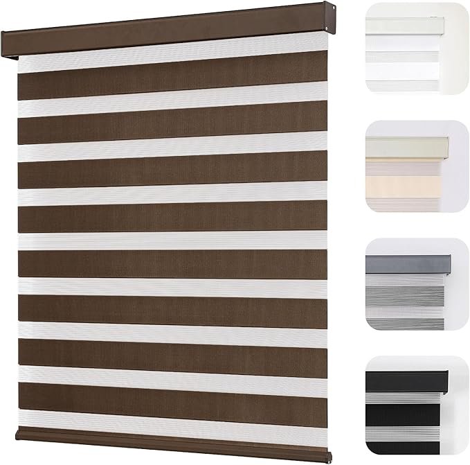 Joydeco Cordless Zebra Blinds for Windows, Dual Layer Light Control Window Blinds with Light-Proof Aluminum Cover, Free-Stop Roller Shades for Home & Office (Coffee,52 W x 75 H)