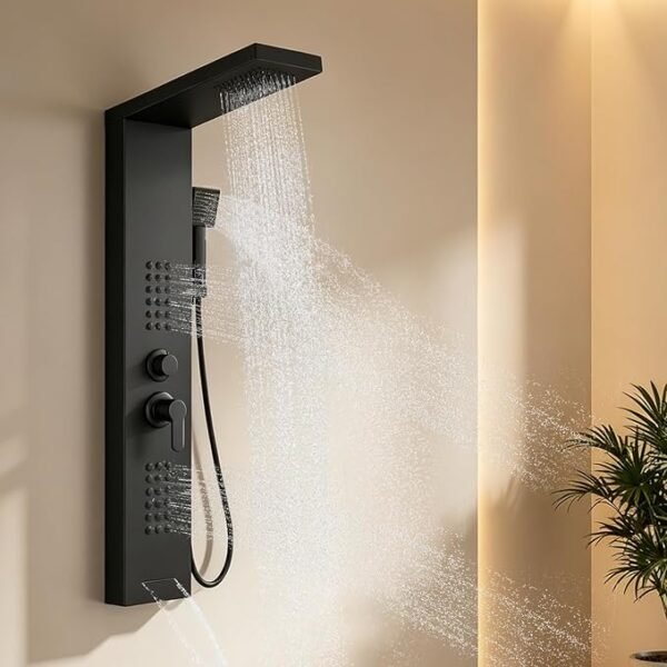 ROVATE Shower Panel Tower System with Rainfall Shower Head, Elegant Matte Black Shower Tower with Powerful Body Jets, Handheld Shower and Tub Spout, Stainless Steel Shower Column Black High Pressure