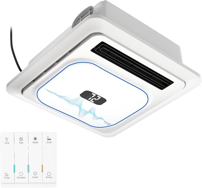 Bathroom Exhaust Fan with Bluetooth Speaker 3-in-1 Heater & Light Combo 180 CFM, 1.0 Sones Quiet Bath Fan with Remote Control 3-Color Adjustable & 5-Color Temperature LED Lights White Ceiling Mount