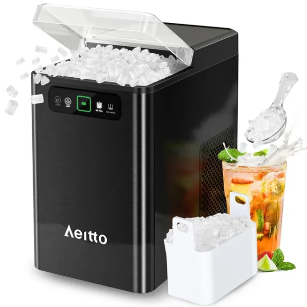 Aeitto Nugget Ice Maker Countertop, Pellet Ice Machine Soft Chewable Ice 40lbsDay, One-Click Operation, Auto Self-Cleaning Crushed Ice Makers Stainless with Scoop for HomeKitchenOffice (Black)
