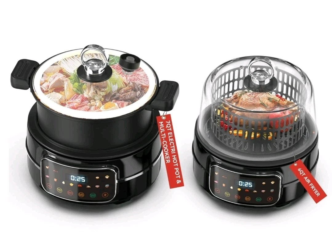 6QT Air Fryer & Multi-Cooker Combo - 12-in-1 Electric Hot Pot, Rice Cooker, Steamer with Removable Air Fry Basket & Soup Pot, 1800W, Dishwasher Safe