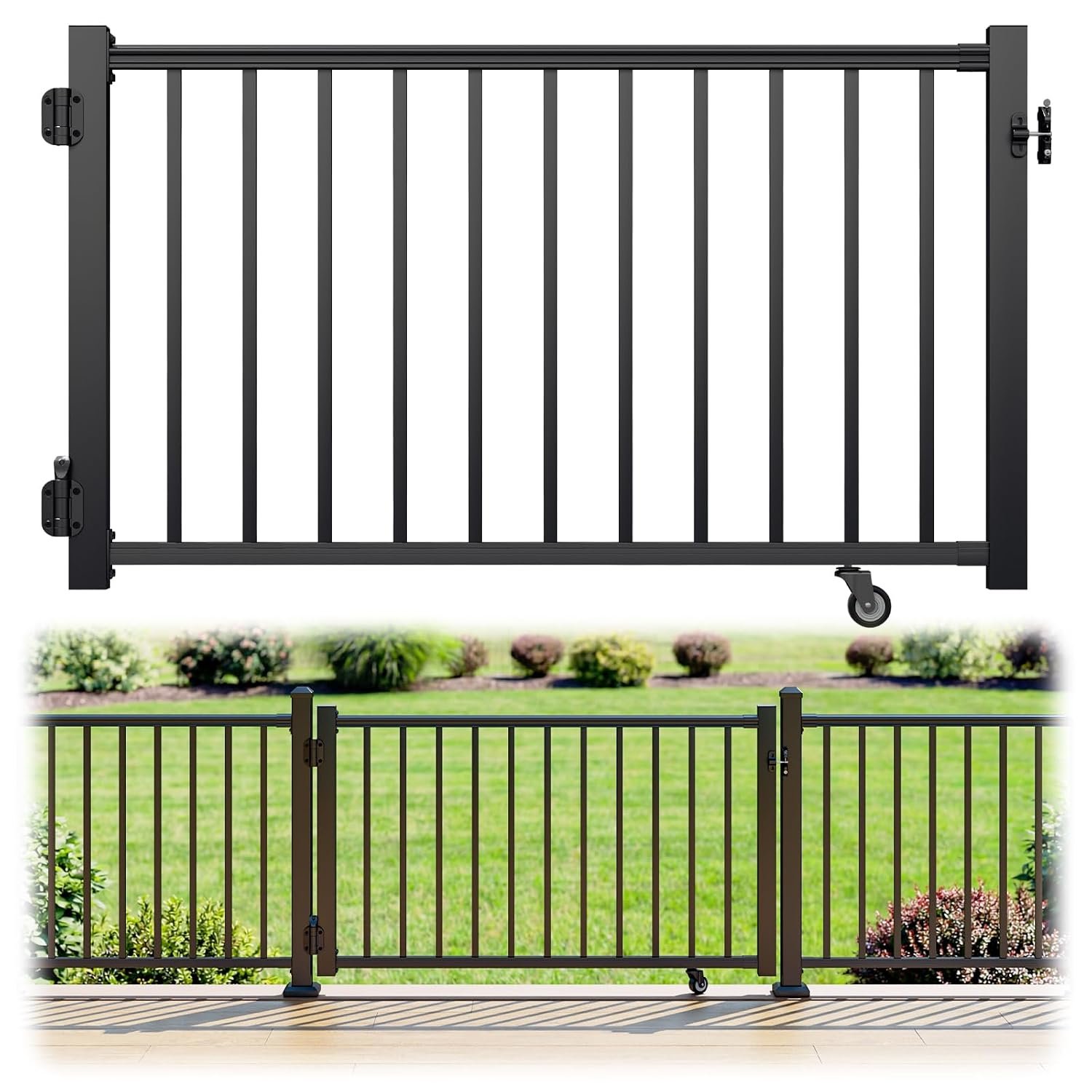 Egadis 35in. H x 5ft. W Aluminum Deck Gate Kit with Caster, Hinges & Lock — Cuttable AAMA2604 Black Textured Powder-Coated Outdoor Fence Gate for Decks, Patios, Backyards, Porches