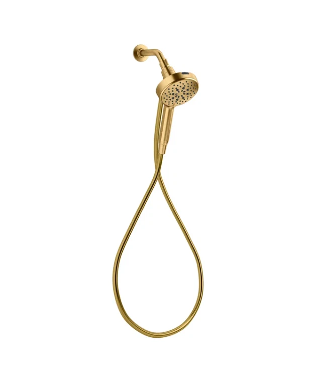 Kohler Assert handshower features a vibrant brushed moderne brass finish