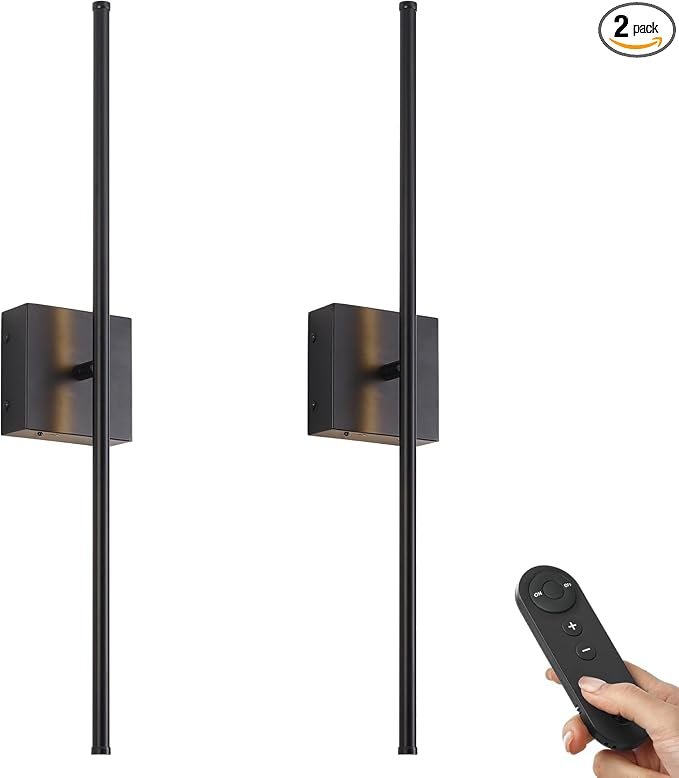 KARTOOSH 28.3 Inch Battery Operated Wall Sconces 3000K Warm White LED Wall Lights Remote Control Dimmable Set of Two 350°Rotate Wireless Lamps Home Decor for Living Room Hallway Bedroom, Black 2 Pack