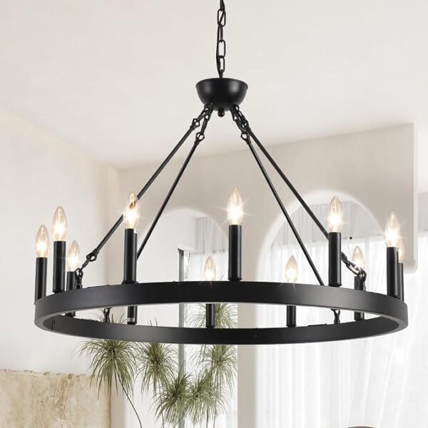 VBKK Wagon Wheel Chandelier 32" 12-Light, Round Black Chandeliers Farmhouse Modern Wagon Wheel Light Fixtures, for High Ceiling Dining Living Room, Foyer, Entryway