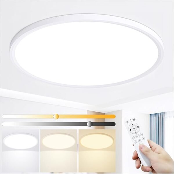 Drewaay 20 Inch LED Flush Mount Ceiling Light,48W Ultra-Thin Modern Round Light Fixture with Remote,Dimmable 3000K-6000K,Black,4800LM,Memory & Night Light Mode for Bedroom, Kitchen,Living Room