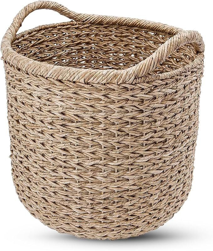 Large Handwoven Seagrass Storage Basket with Handles – Decorative Woven Basket for Blankets, Laundry & Toys