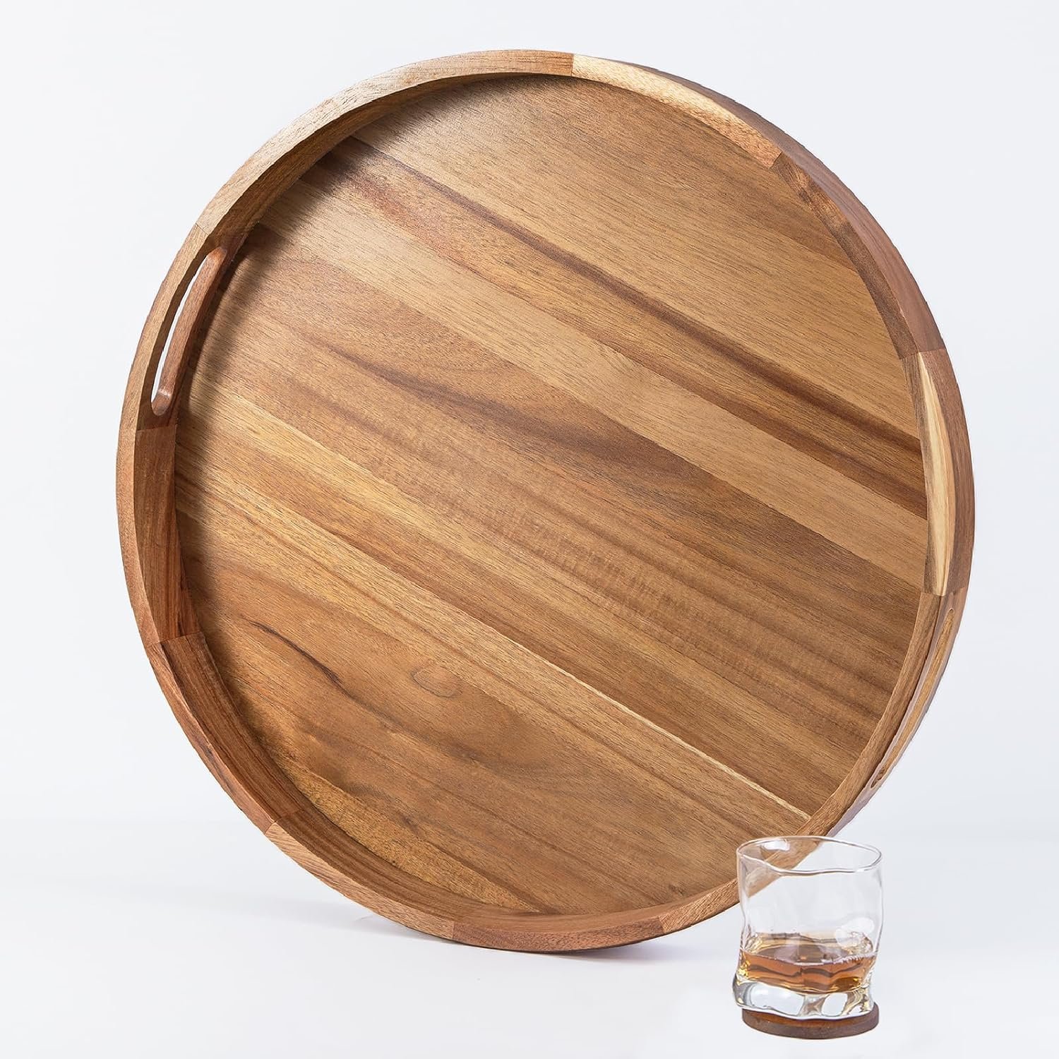 Extra Large 22INCH Premium Acacia Wood Tray Round Ottoman Tray with Handles Wooden Serving Tray Multi-Use for Dinner Breakfast in Bed Coffee Table Snack Entertaining Guests - Image 2