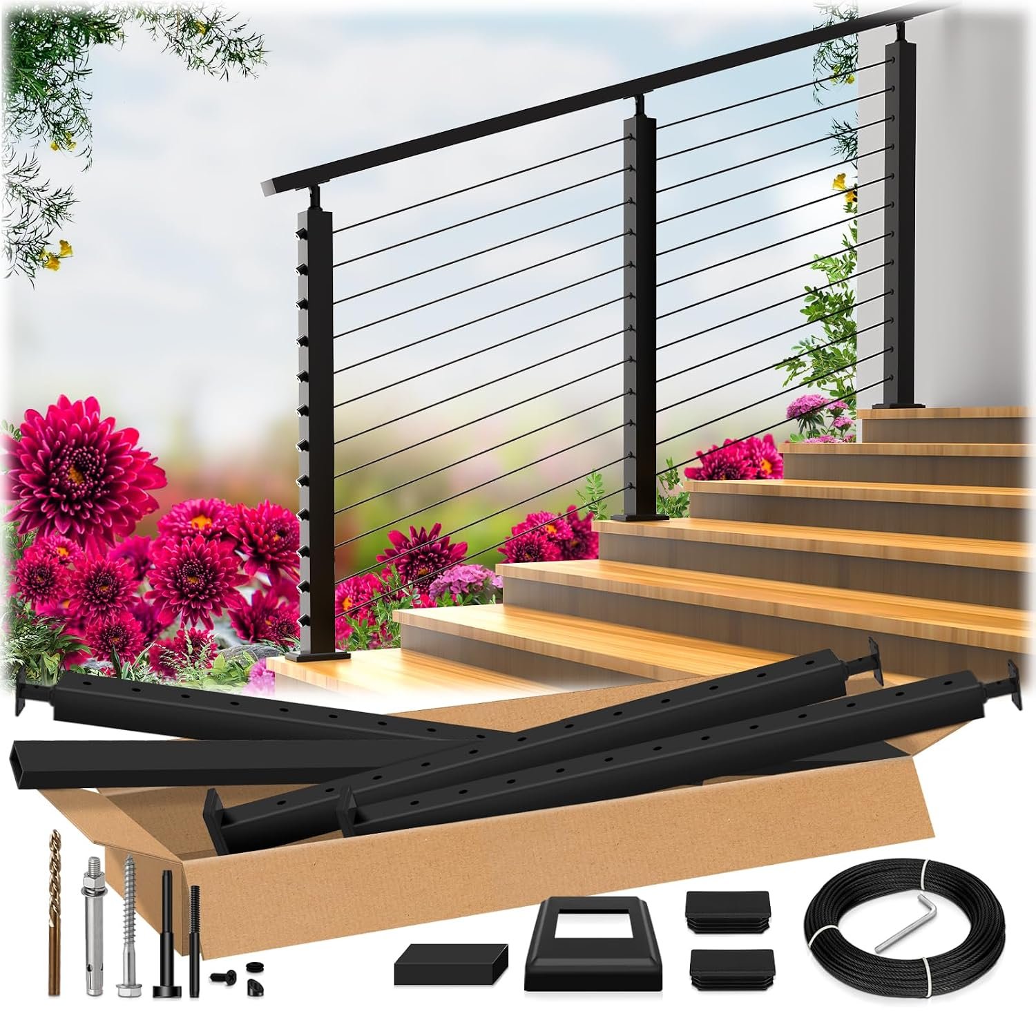 Zylorix 4ft-8ft Complete Set 36" Cable Railing System 33° Drilled with Cuttable Handrail, Modular Black T304 Stainless Steel Angled Stair Cable Railing Posts Kit for 28-38° Wood Concrete Stair