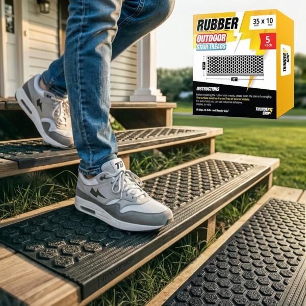Rubber Stair Treads Outdoor 35x10 5-Pack - Heavy-Duty Outdoor Stair Treads Non-Slip Weather Resistant - Exterior Rubber Mats for Wooden Steps - Anti Slip Step Covers by Thunder Grip