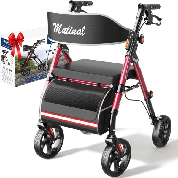 Matinal Walkers for Seniors with seat, Rollator Walker with Seat, Walkers for Seniors Foldable, 350 lb Capacity, with 8'' Big Wheels, Rolling Walker (Burgundy)