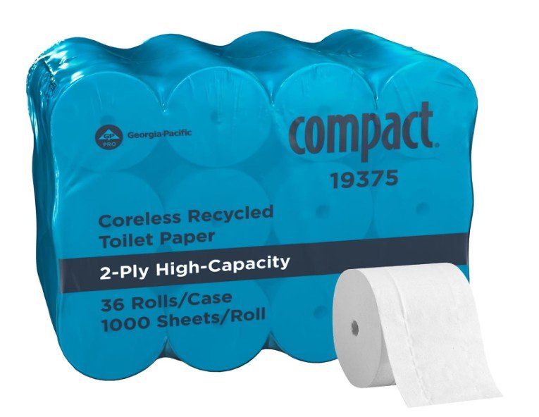 Compact by Georgia-Pacific PRO Coreless 2-Ply Recycled Toilet Paper, White, 1000 Sheets Per Roll, 36 Toilet Tissue Rolls Per Case, 19375