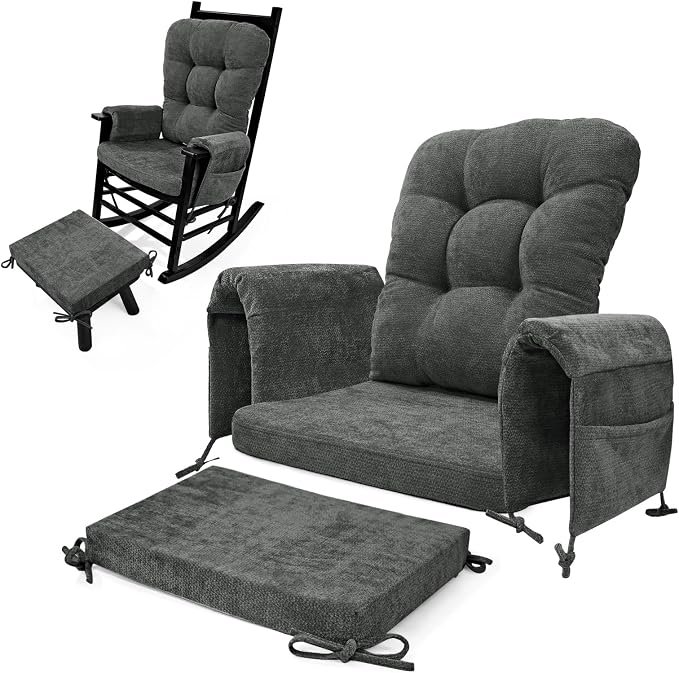 Glyzia 5 PCS Glider Rocker Replacement Cushions with Storage Side Pocket, Luxuriy Chenille Fabric Foam & Microfiber Filling, Thickened & Supportive Rocking Chair Cushion Set, Dark Grey