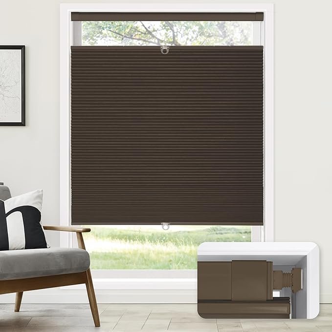 LazBlinds No Tools No Drill Cordless Cellular Shades, Top Down Bottom Up (TDBU) Honeycomb Shades for Home, Blackout Light Blocking Thermal Insulation Blinds for Windows, 36 W x 64 H, Dark Coffee
