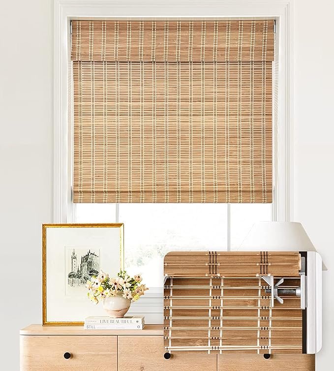 LazBlinds No Drill Cordless Bamboo Roman Shades, Light Filtering Blinds for Indoor Windows, Roll Up Bamboo Blinds for Home, 32 W x 64 H, Star-Brown