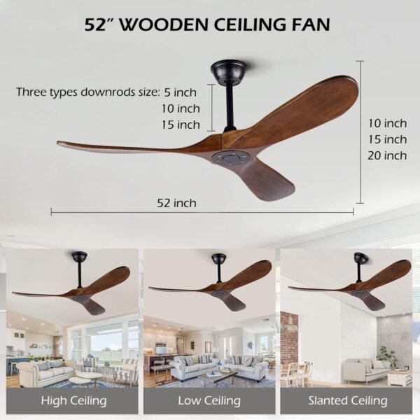 EOPETY 52 Inch Ceiling Fan No Light ，Wood Outdoor Ceiling Fans for Patios Living Room Bedroom 3 Blade Propeller Modern Ceiling Fan Without Light with remote Control(Walnut)