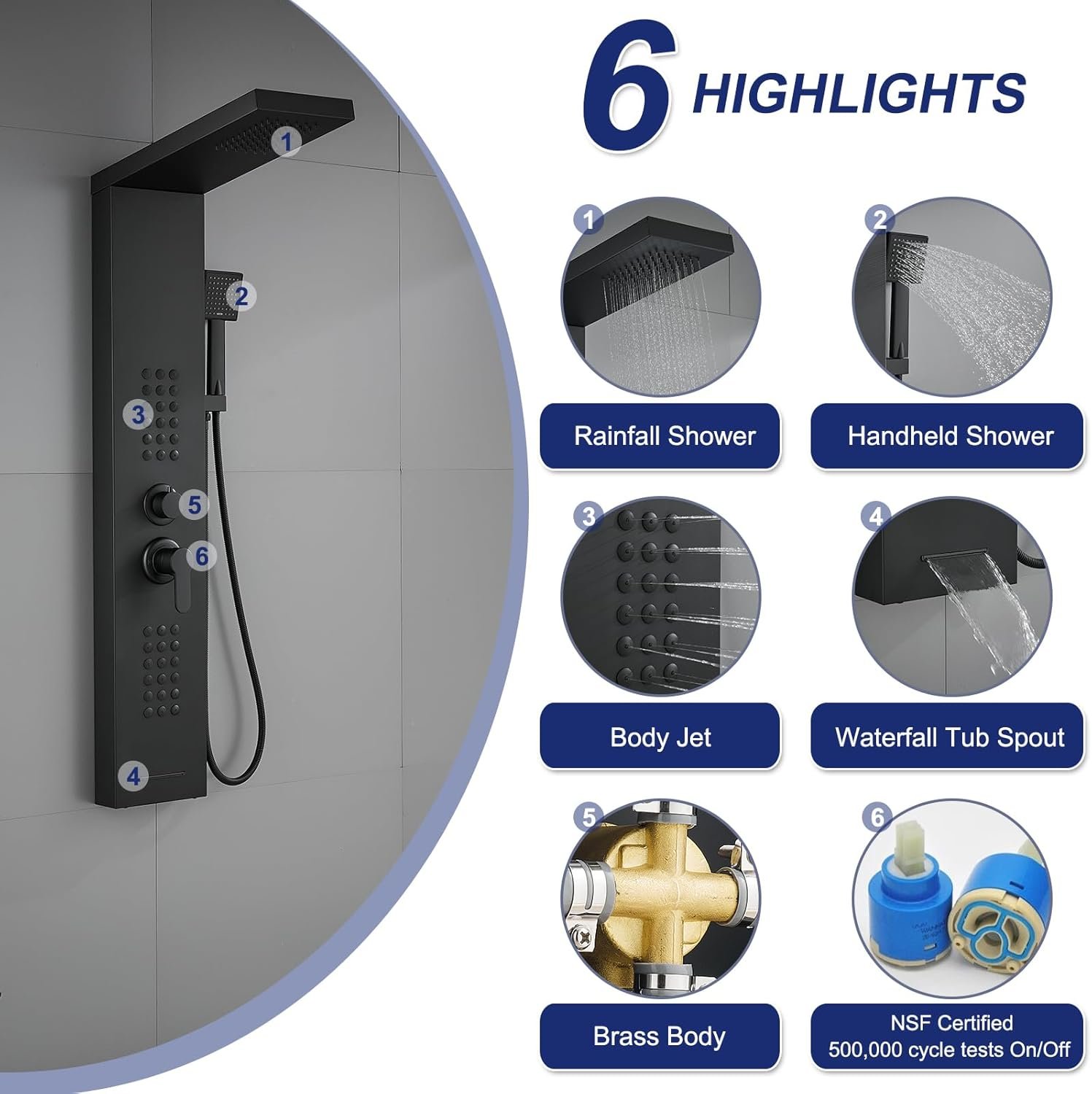 ROVATE Shower Panel Tower System with Rainfall Shower Head, Elegant Matte Black Shower Tower with Powerful Body Jets, Handheld Shower and Tub Spout, Stainless Steel Shower Column Black High Pressure - Image 2