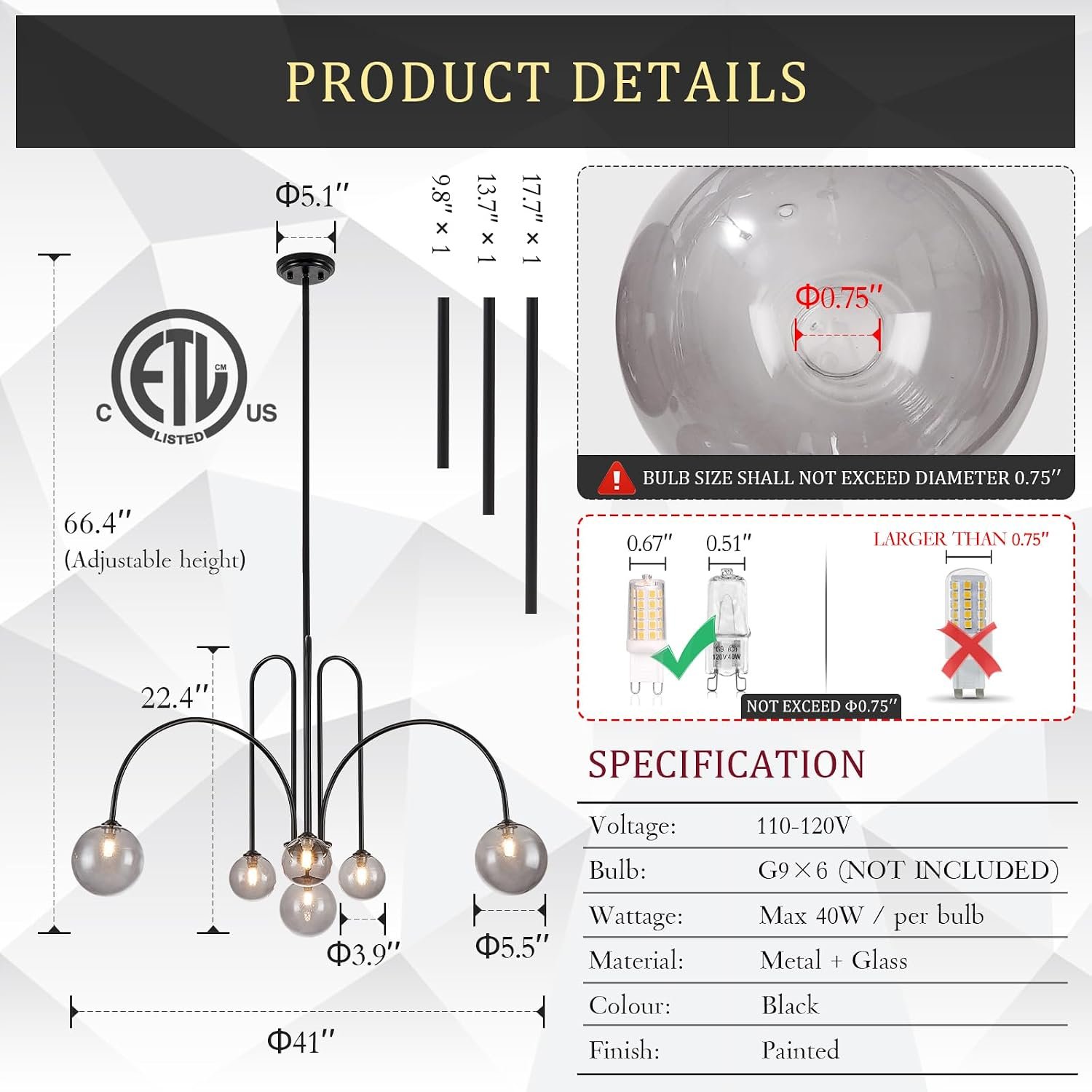 CATINER Black Chandelier Modern 6 Lights Sputnik Chandelier Large L40” Mid Century Ceiling Pendant Light Fixtures with Smoke Glass Globe Shades for Living Dining Room Foyer Bedroom - Image 2