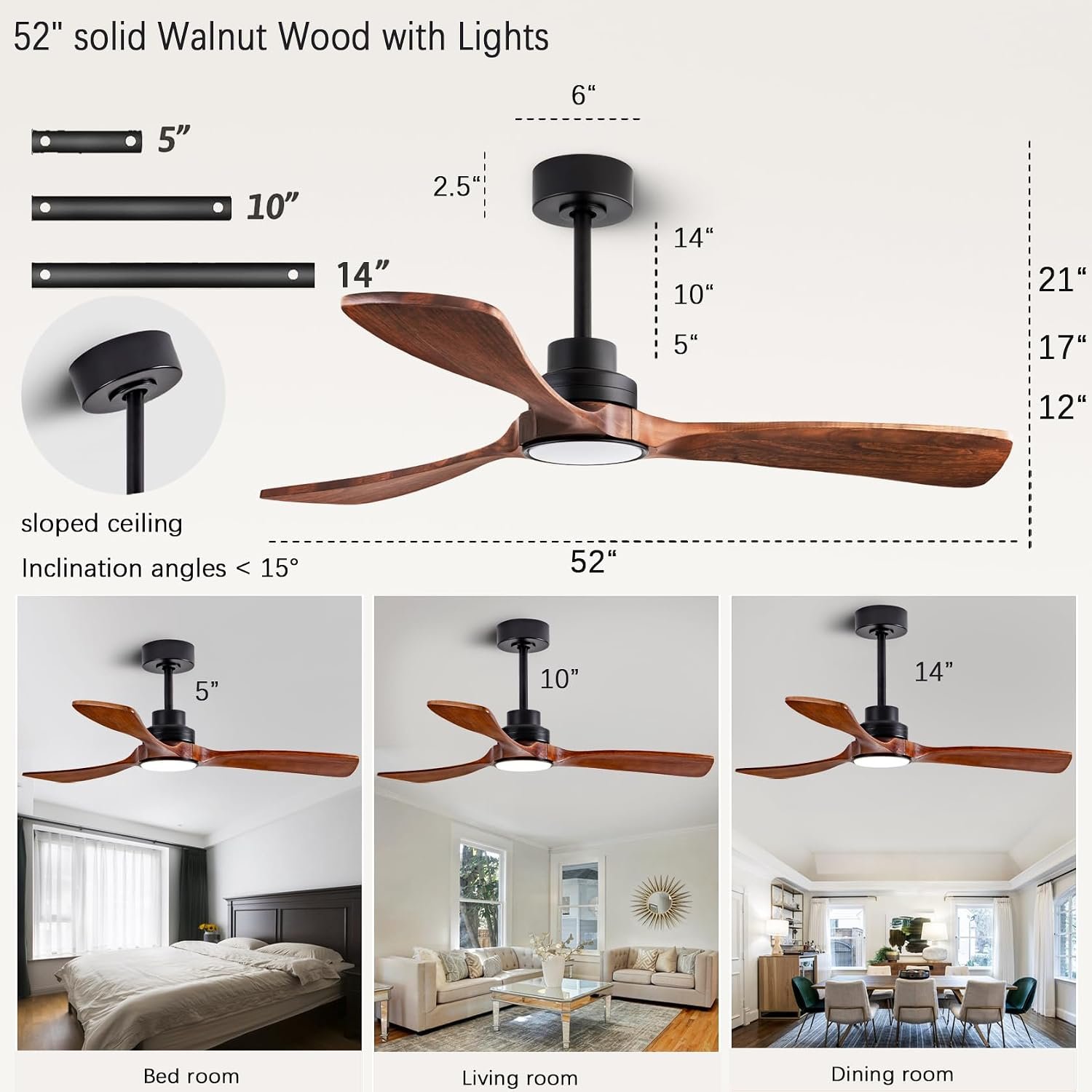 dearnow 52” Ceiling Fans with Remote/Light/APP,Dimmer and Color, Wooden Ceiling Fan with 3 Wooden Blades for Patio, Living Room, Gazebo, etc. (Black + Walnut) - Image 2