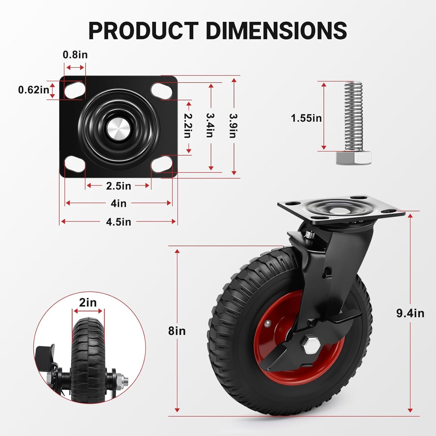 Humagineer 8 Inch Outdoor Heavy Duty Casters Wheels Set of 4, Sturdy Large Rubber Casters with Brake 2200 LBS, Industrial Grade Plate Swivel Castors with Knobby Tread for Dollies, Cart, Machine - Image 3