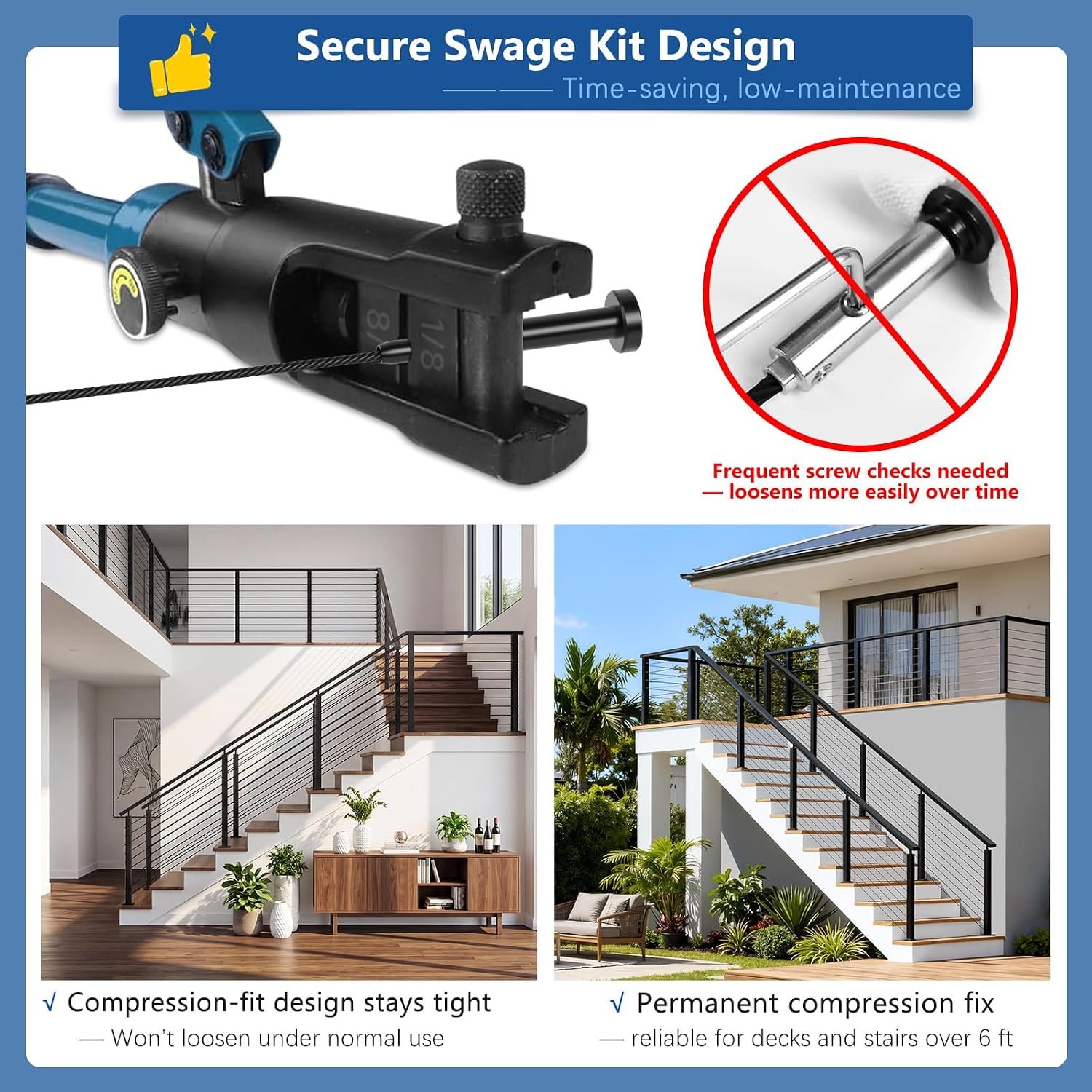 Zylorix 4ft-8ft Complete Set 36" Cable Railing System 33° Drilled with Cuttable Handrail, Modular Black T304 Stainless Steel Angled Stair Cable Railing Posts Kit for 28-38° Wood Concrete Stair - Image 2