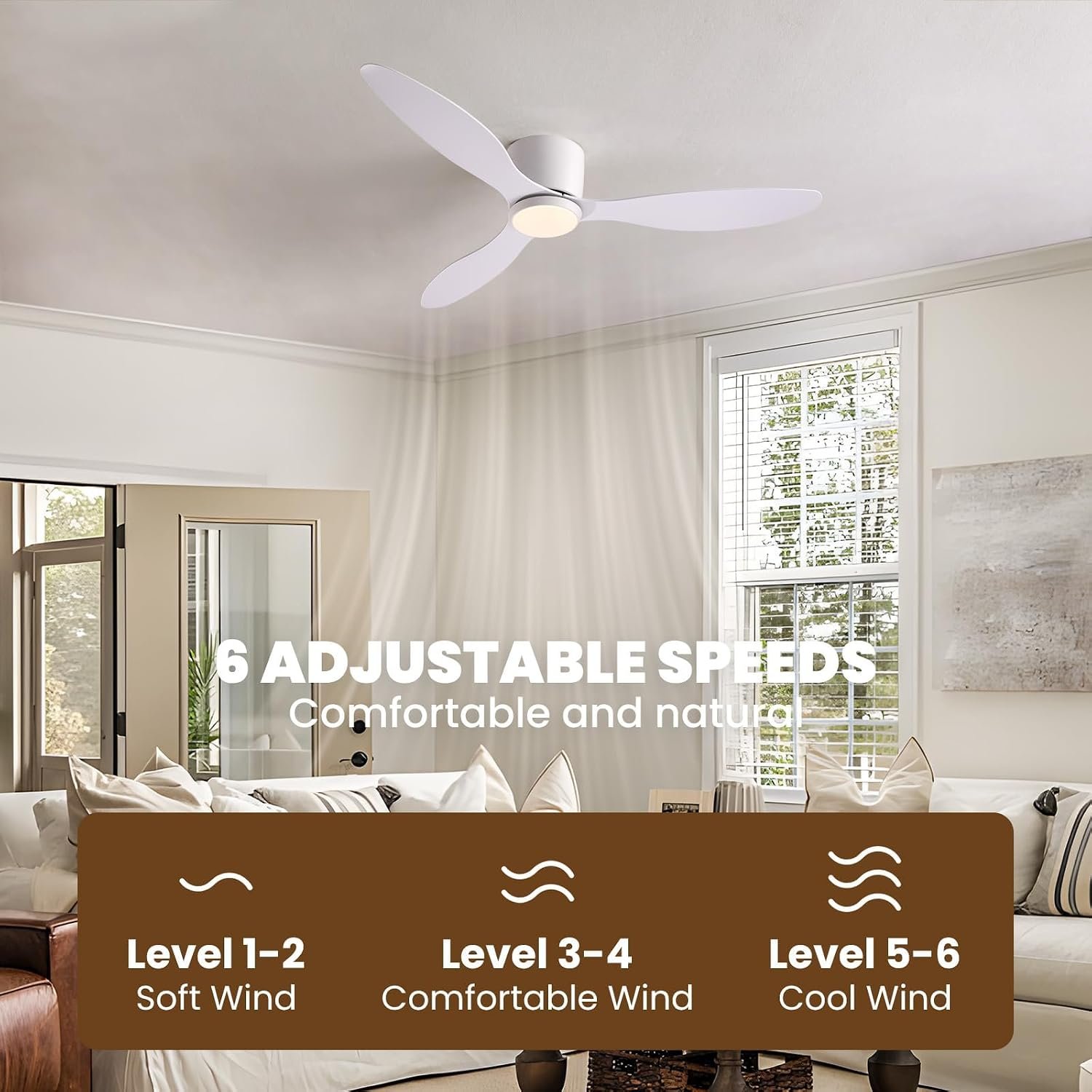 LUDOMIDE Ceiling Fans with Lights,52 Inch Low Profile Ceiling Fan with Wall Control and Remote Control,Dimmable,Flush Mount Ceiling Fan with Noiseless DC Reversible Motor for Bedroom Indoor Use
