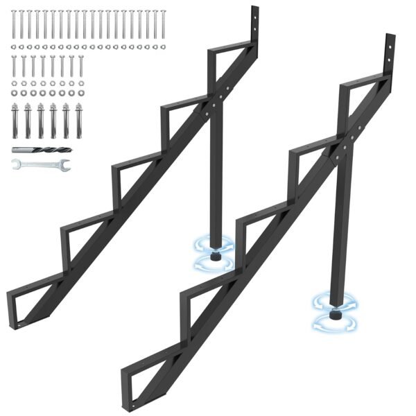 Steel Stair Step Riser 5-Step 2 Pack, Heavy Duty Stair Stringer with Reinforcing Support Legs, Sturdy Metal Steel Stair Stringer for 42.5" Height Deck and Outdoor Steps, Black