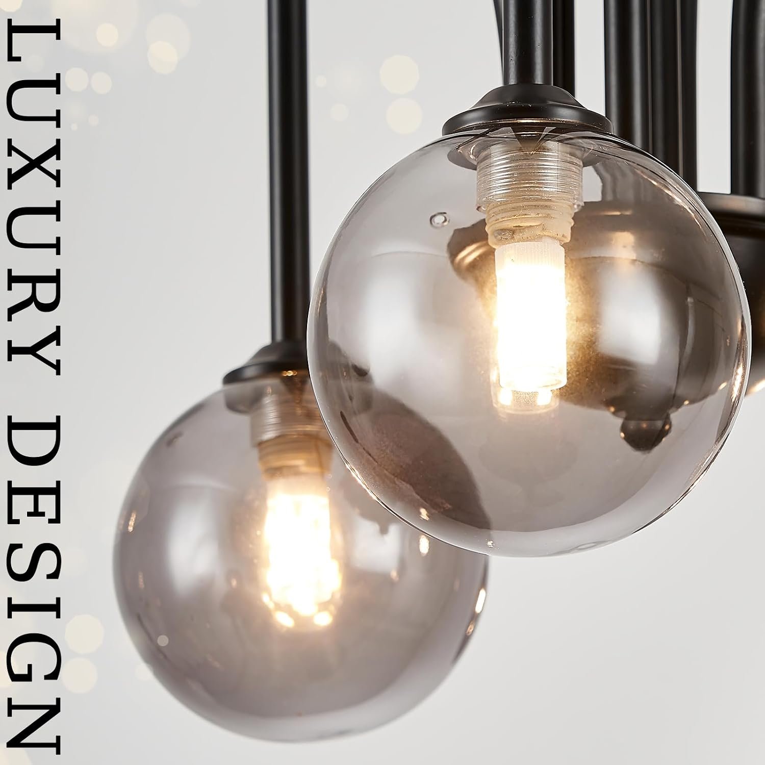 CATINER Black Chandelier Modern 6 Lights Sputnik Chandelier Large L40” Mid Century Ceiling Pendant Light Fixtures with Smoke Glass Globe Shades for Living Dining Room Foyer Bedroom - Image 3