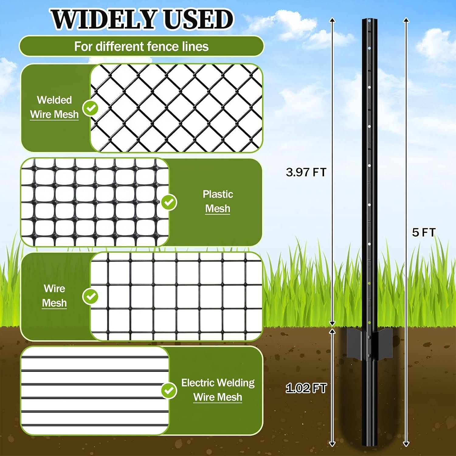 10 Pack Garden Fence Posts, 5 Feet Heavy Duty Metal T Post, No Dig Metal Fence Post, Metal Fence Stakes for Wire Fencing, Electric Fence Wire, Temporary Garden Fence, U Post and Corner Anchor Support - Image 3