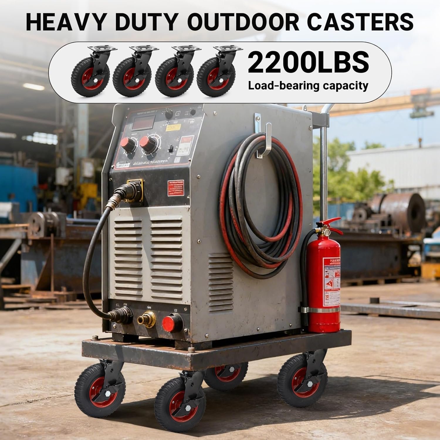 Humagineer 8 Inch Outdoor Heavy Duty Casters Wheels Set of 4, Sturdy Large Rubber Casters with Brake 2200 LBS, Industrial Grade Plate Swivel Castors with Knobby Tread for Dollies, Cart, Machine - Image 4