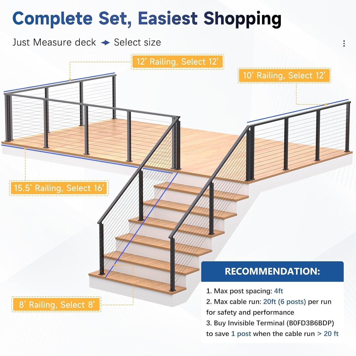 Zylorix 4ft-8ft Complete Set 36" Cable Railing System 33° Drilled with Cuttable Handrail, Modular Black T304 Stainless Steel Angled Stair Cable Railing Posts Kit for 28-38° Wood Concrete Stair - Image 3