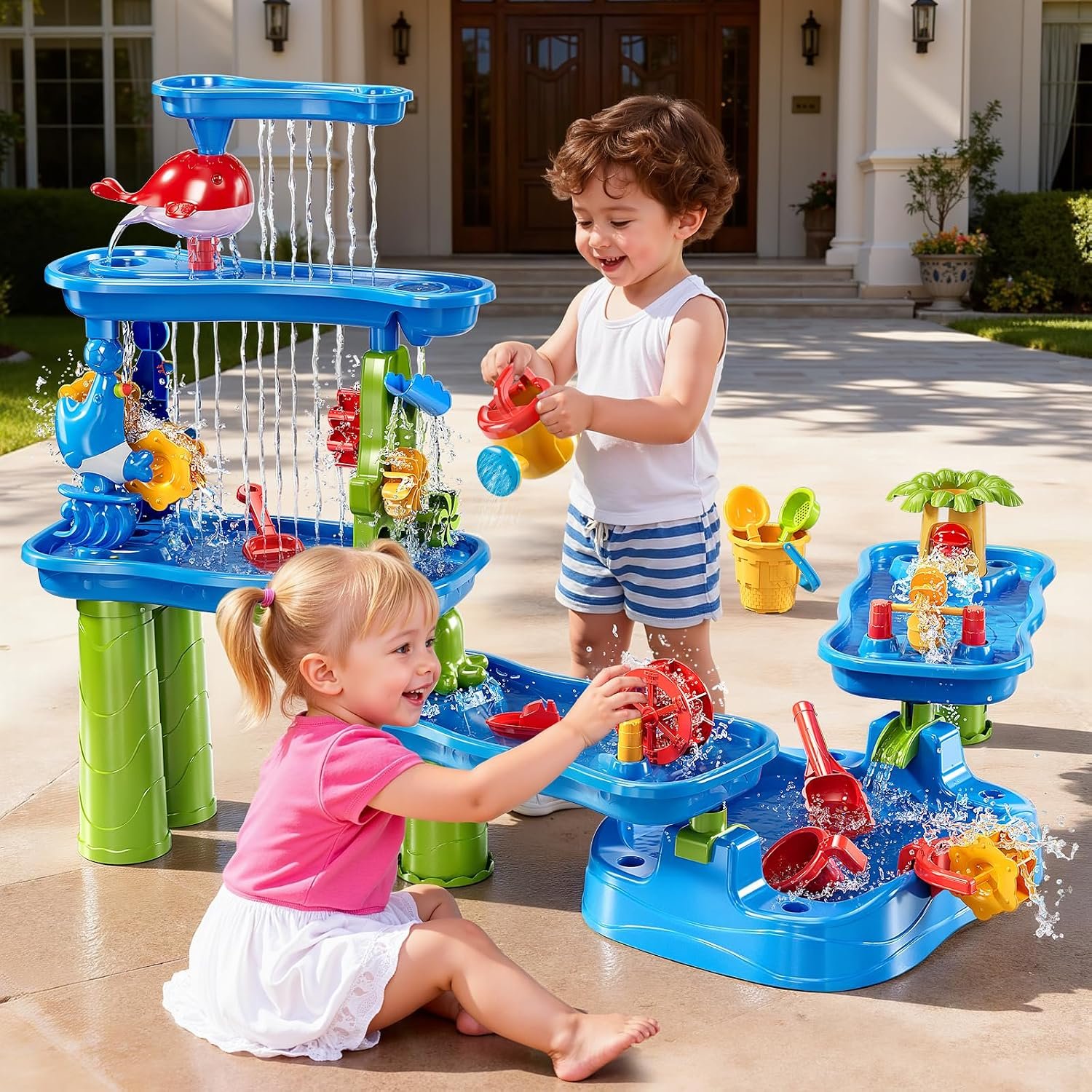 ZDRKWSM 3-Tier 4 Areas Water Table for Kids 3-5, Summer Outdoor Beach Sensory Activity Playset Kids Sand and Water Table Toys, Birthday Gifts for Boys and Girls 3 4 5 6 7 8 - Image 3