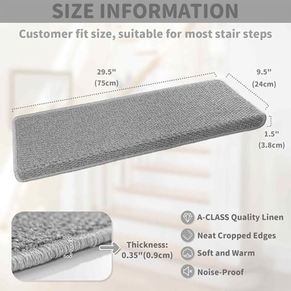 Brakki Bullnose Stair Treads for Wooden Steps, Non Slip Stair Carpet for Indoor Runner and Pets, Soft Edging Staircase Protectors Reusable, Washable, 29.5x9.5x1.5 14pcs, Grey