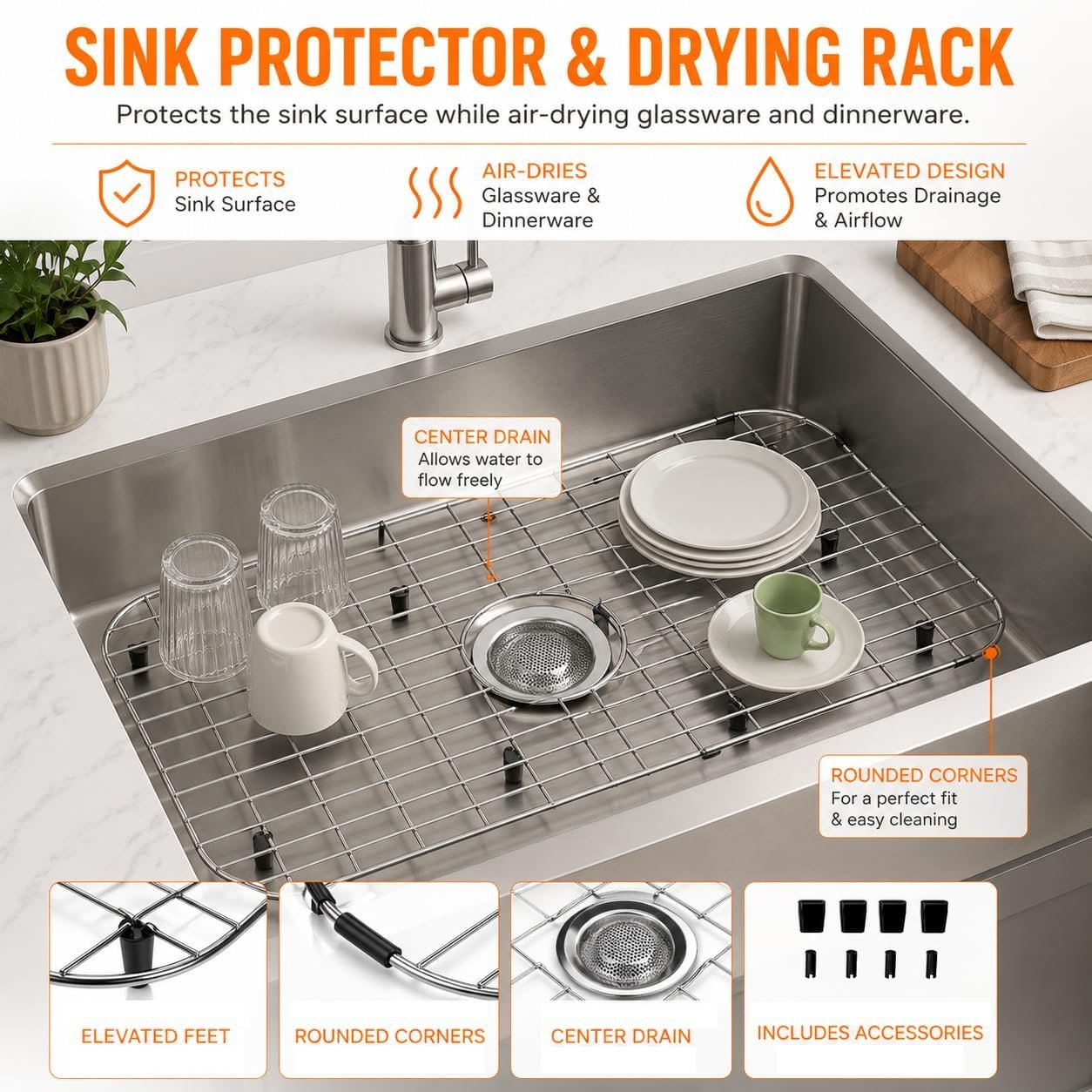 iPEGTOP Sink Bottom Grid 28"x 15", Stainless Steel Sink Protector Centered Drain with Round Corner Radius, Sink Grate for Bottom of Kitchen Single Sink Bowl with Hole, One-Piece - Image 4