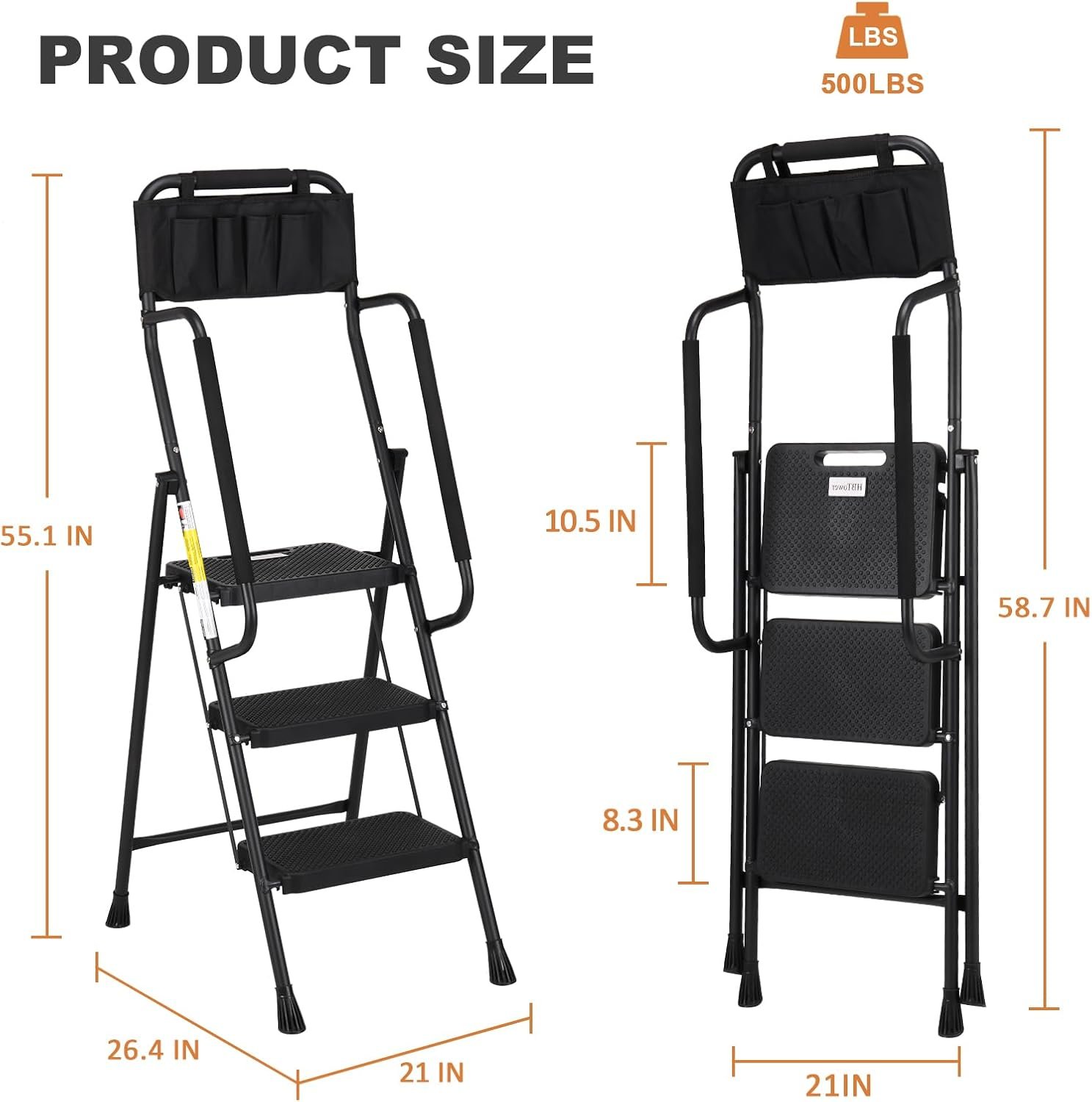 HBTower Step Ladder with Handrails, Folding Step Stool with Attachable Tool Bag & Anti-Slip Wide Pedal for Home Kitchen Pantry Office, Black