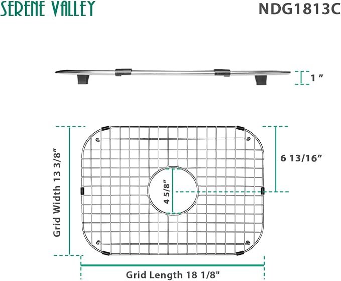 Serene Valley Sink Grid 18-1/8" L x 13-3/8" W, Centered Drain with Corner Radius 3-1/2", NDG1813C