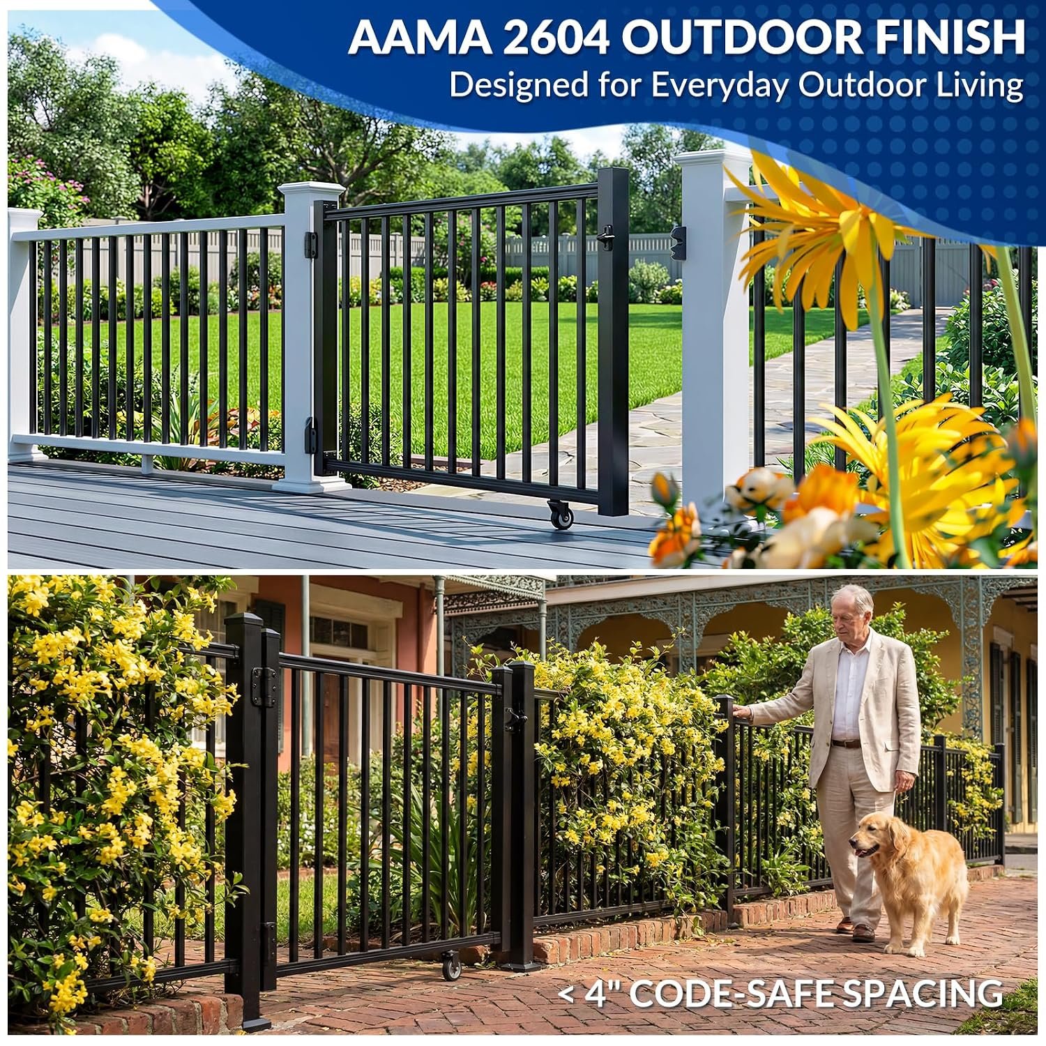 Egadis 35in. H x 5ft. W Aluminum Deck Gate Kit with Caster, Hinges & Lock — Cuttable AAMA2604 Black Textured Powder-Coated Outdoor Fence Gate for Decks, Patios, Backyards, Porches - Image 4