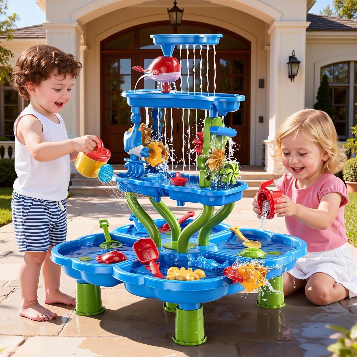 ZDRKWSM 3-Tier 4 Areas Water Table for Kids 3-5, Summer Outdoor Beach Sensory Activity Playset Kids Sand and Water Table Toys, Birthday Gifts for Boys and Girls 3 4 5 6 7 8 - Image 5