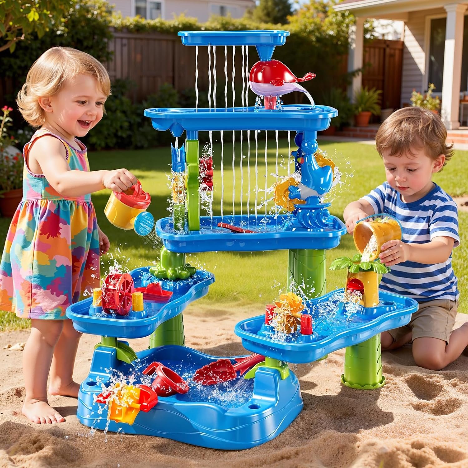 ZDRKWSM 3-Tier 4 Areas Water Table for Kids 3-5, Summer Outdoor Beach Sensory Activity Playset Kids Sand and Water Table Toys, Birthday Gifts for Boys and Girls 3 4 5 6 7 8 - Image 4